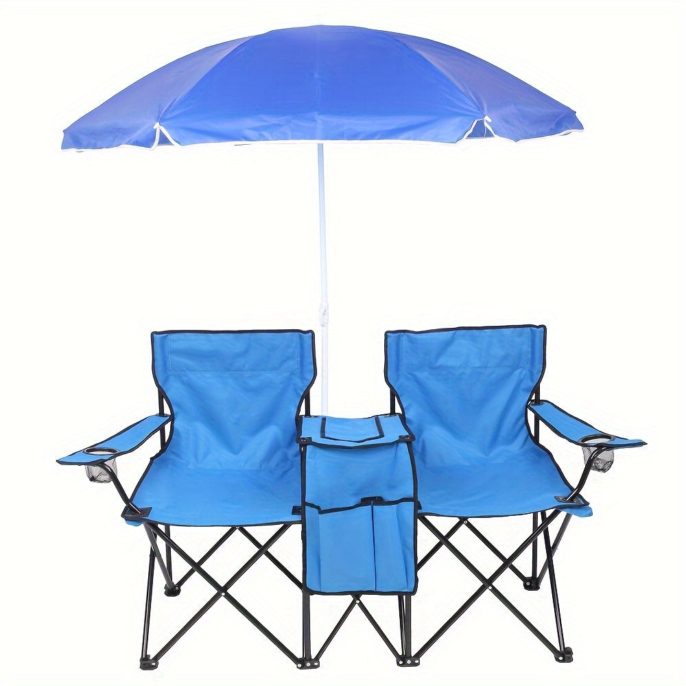 Outdoor Folding Chair - Portable 2-Seat with Removable Sun Umbrella - Blue