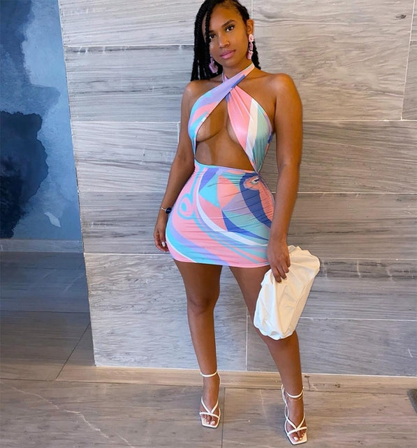 Backless Tie Dye Halter Bodycon Mini Dress