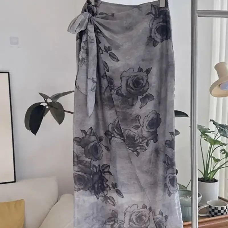 Chinese Style Ink Printed Irregular Lace Up Women's Skirt with Wrapped Buttocks