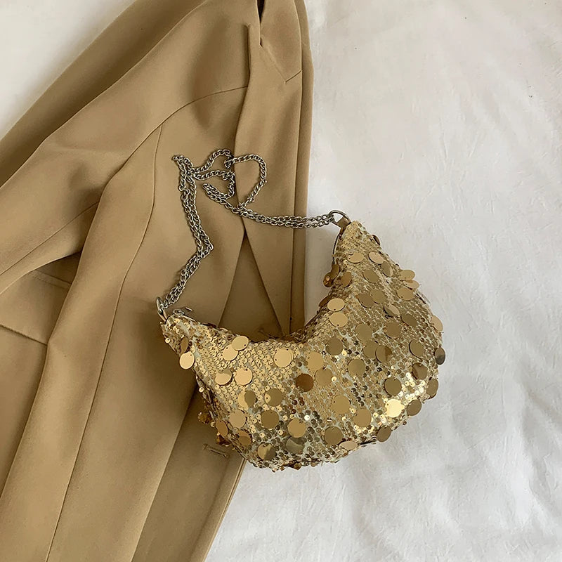 Sequin Bag Women New Trendy Versatile Chain Solid One Shoulder Bags