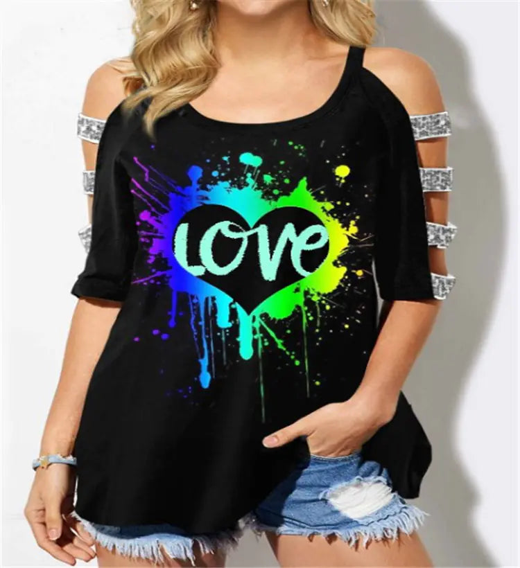 Buntes schulterfreies Kurzarm-Damen-T-Shirt