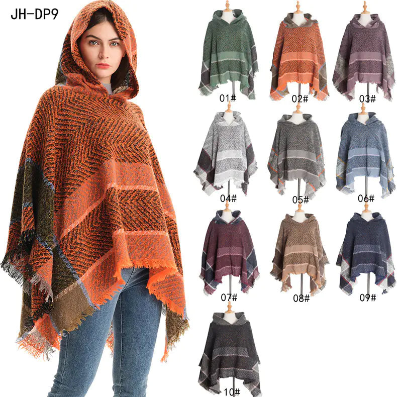 2022 Women's Hooded Houndstooth Cape Poncho
