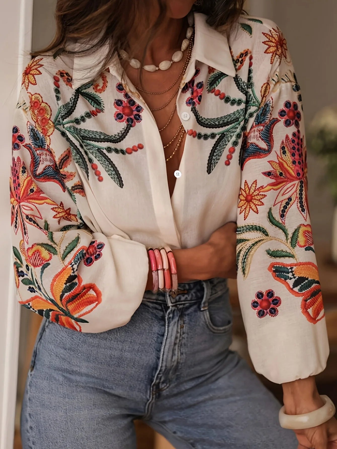 Floral Printed Shirts Lady Fashion Long Sleeve Turn-down Collar Button Shirts