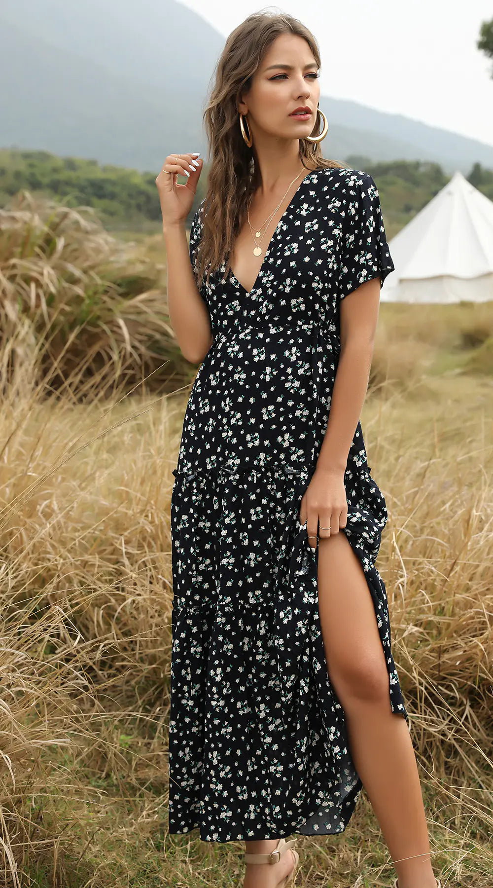 Bohemian Ruffled Floral Maxi Dress with V-Neck