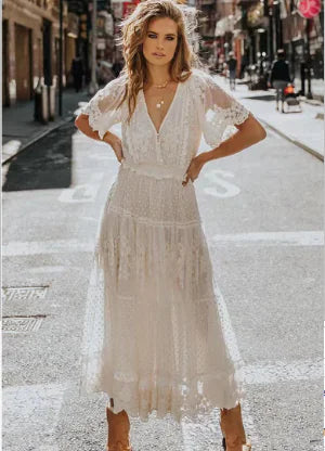 Boho Chic Lace Dress - Short Sleeve V-Neck (One Piece)