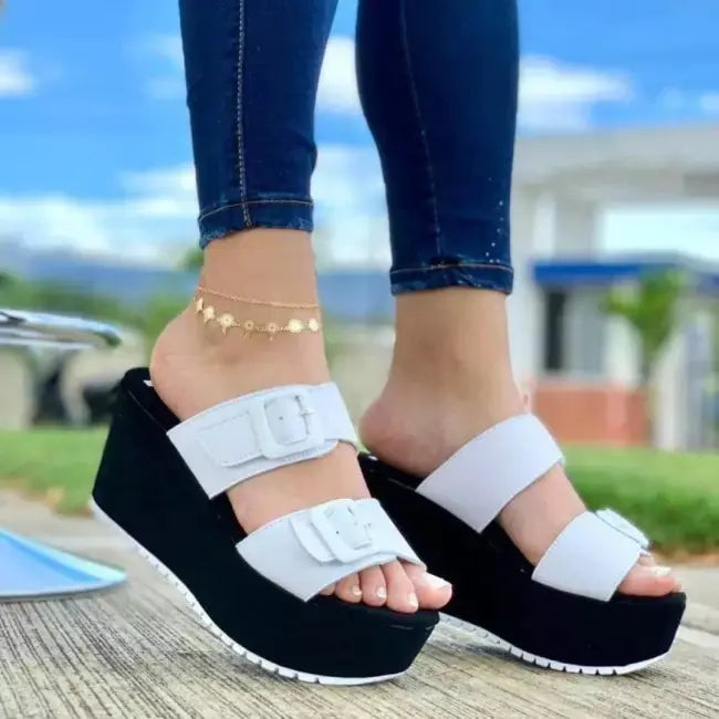 Wedge Heel Platform Slippers with Belt Buckle - Trendy Attic Store01