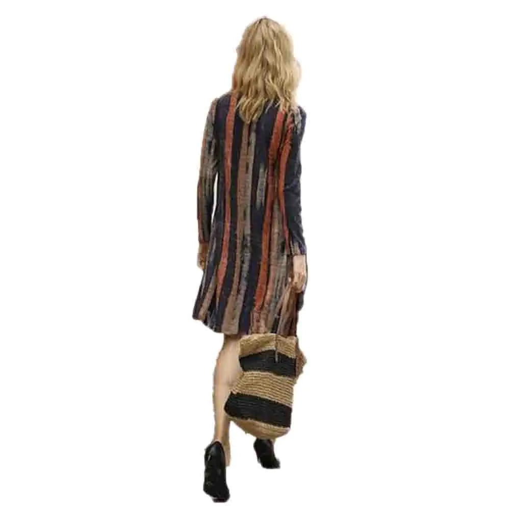 Striped A-Line Dress with V-Neck and Pockets