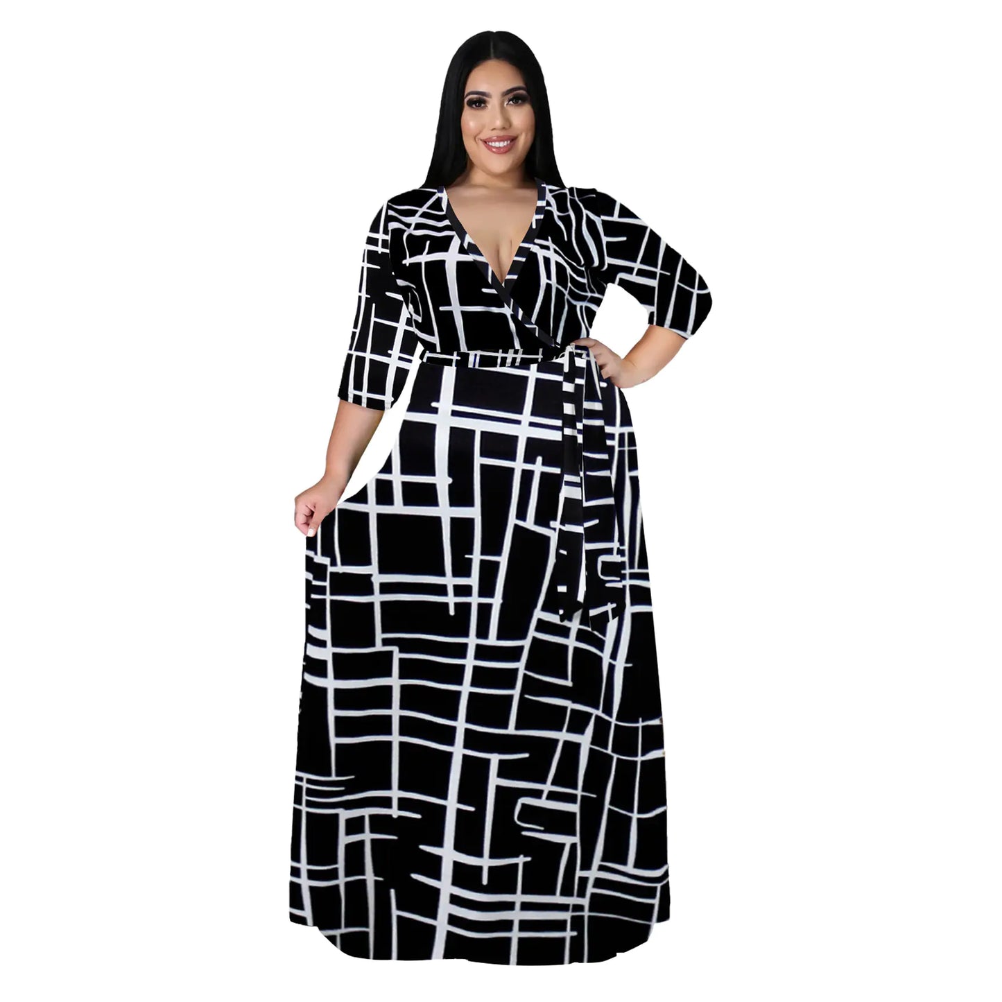 Women's Plus Size V-Neck Print Dress for Spring & Autumn