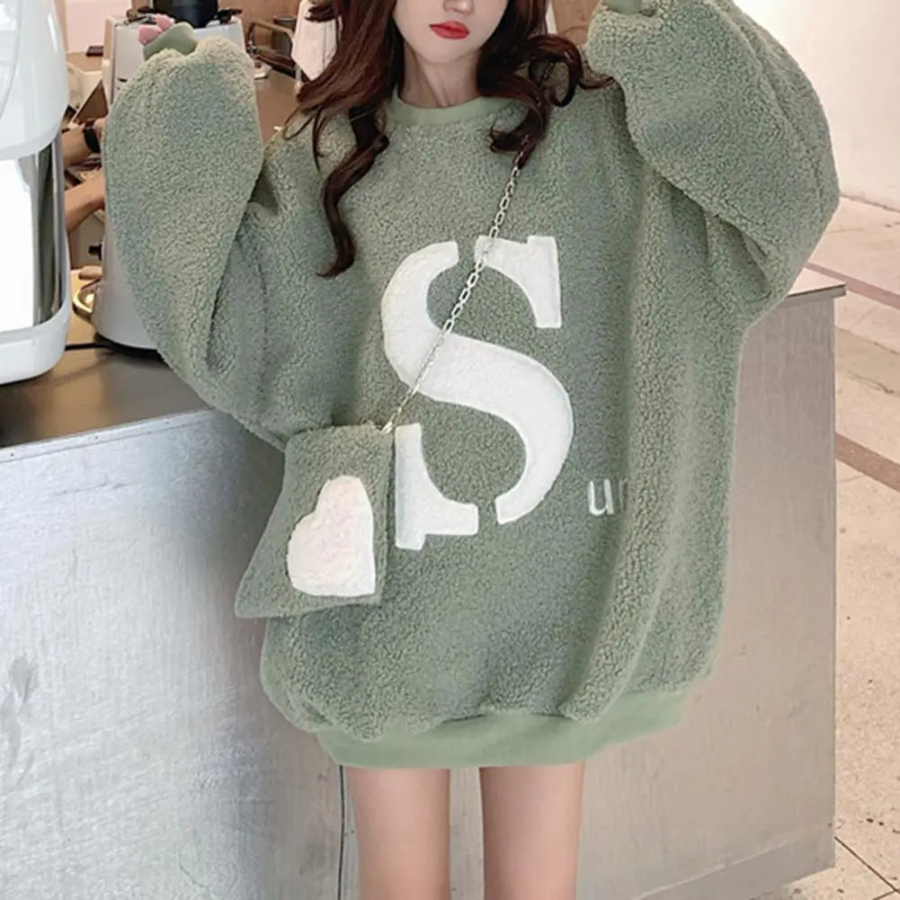 Women's Thick Plush Letter Sweatshirt with Crossbody Bag
