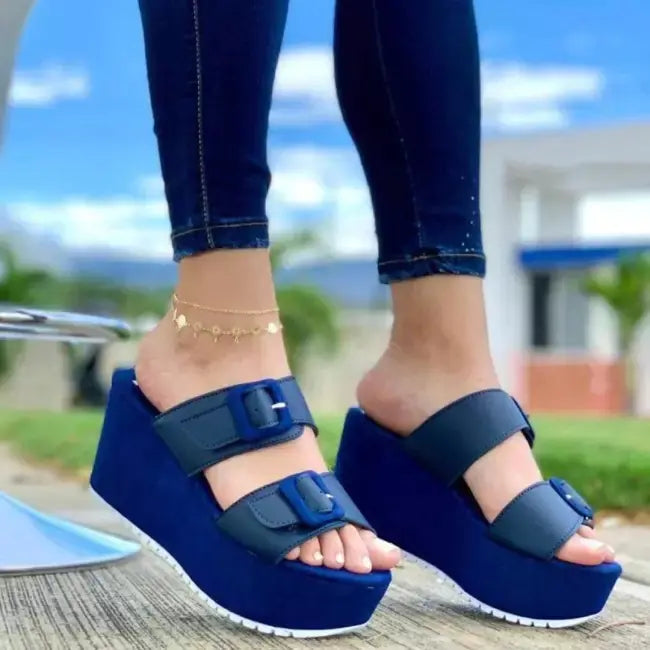 Wedge Heel Platform Slippers with Belt Buckle - Trendy Attic Store01