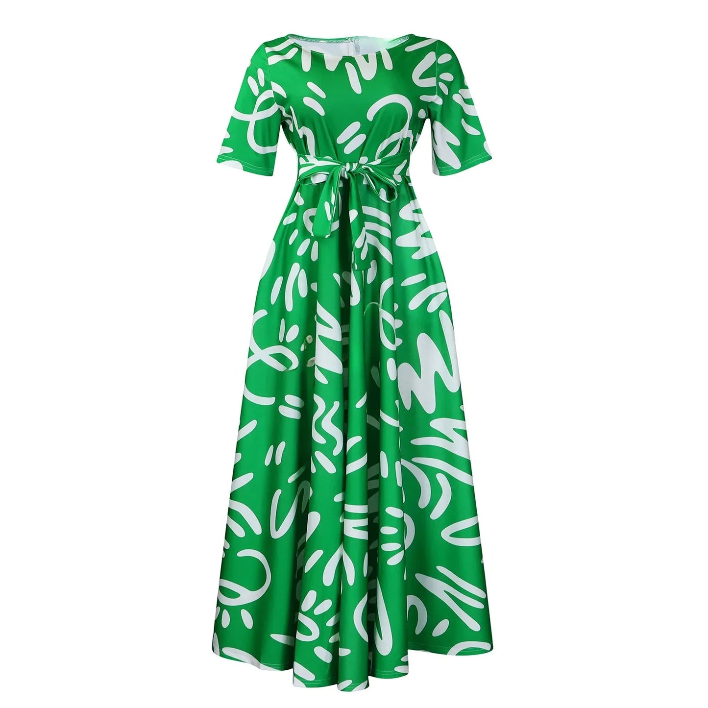 Printed Belted Dress Elegant Knee-Length Round Neck Short Sleeve Dress