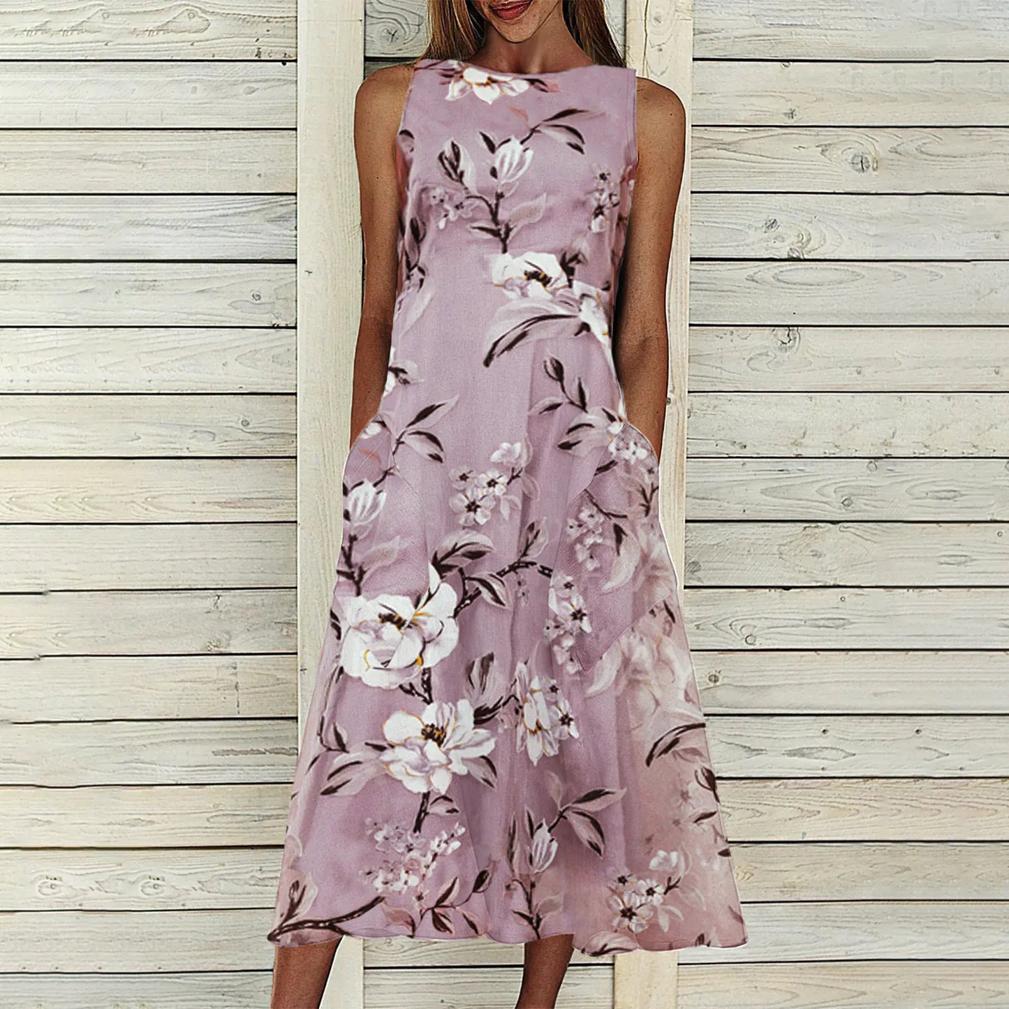 Floral A-line Dress with Round Neck and Mid-length