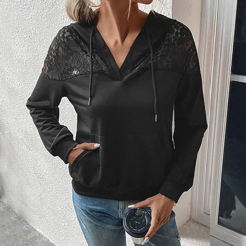 Damen Kapuzenpullover Schwarz Langarm für Herbst & Winter