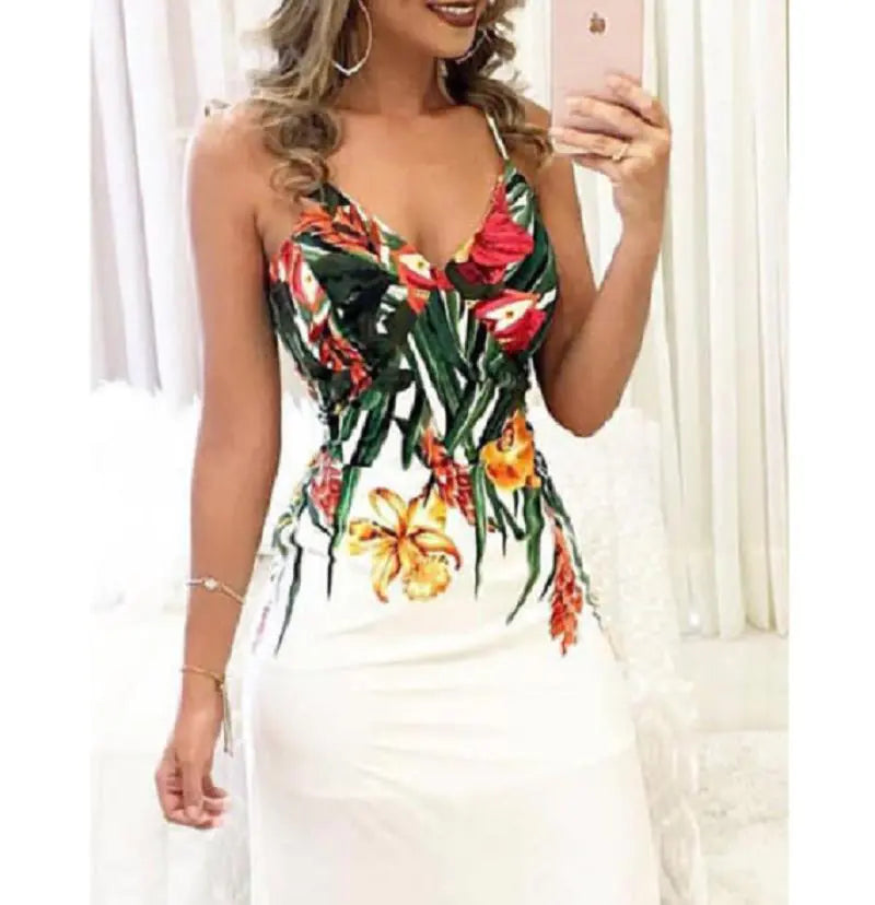 Geblümtes Maxikleid mit V-Ausschnitt und Spaghettiträgern