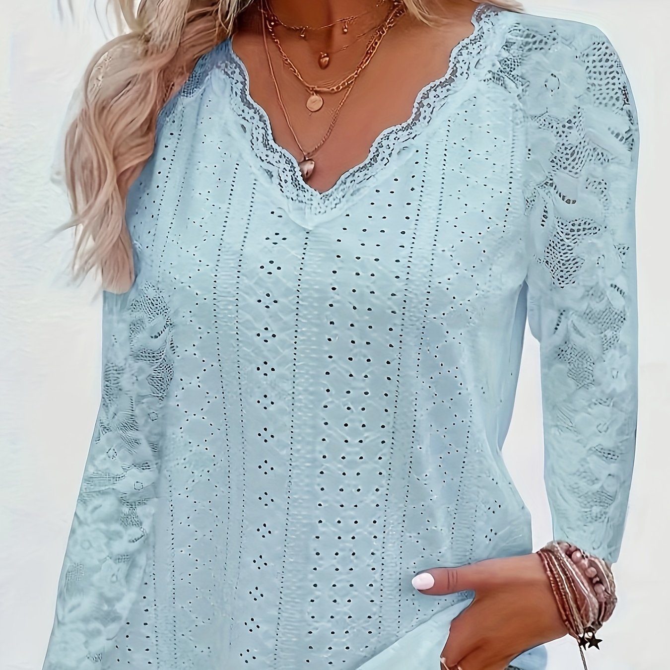 Chic Contrast Lace V-neck Eyelet T-Shirt