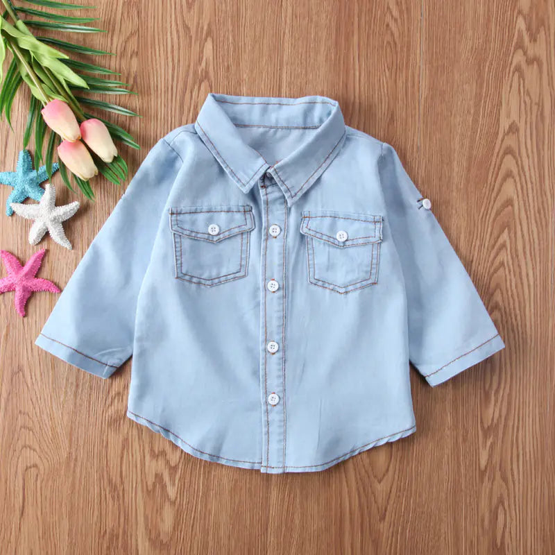 Camisas de mezclilla de manga larga con solapa para niños