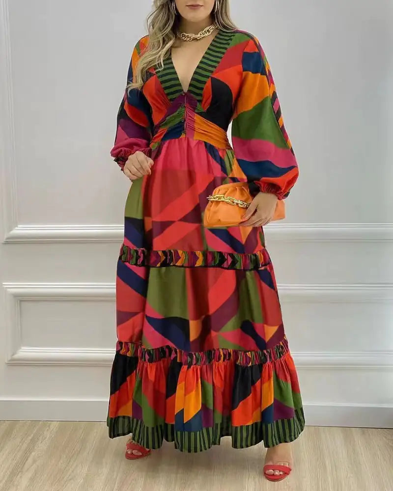 Fall Long Printed V-Neck Dress