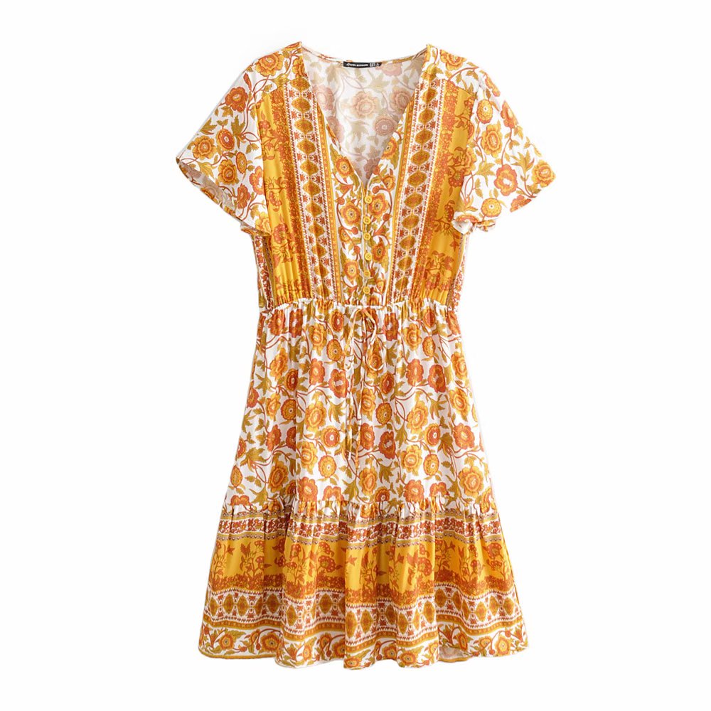 V-Neck Floral Print Summer Dress with Belt