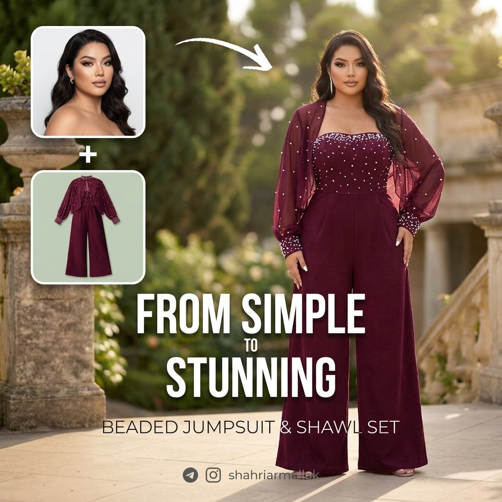 Elegant Plus Size Bridal Shawl Jumpsuit 2pc Set