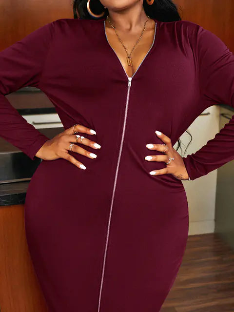 Vestido de talla grande con cuello de pico, manga larga y cremallera XL-5XL