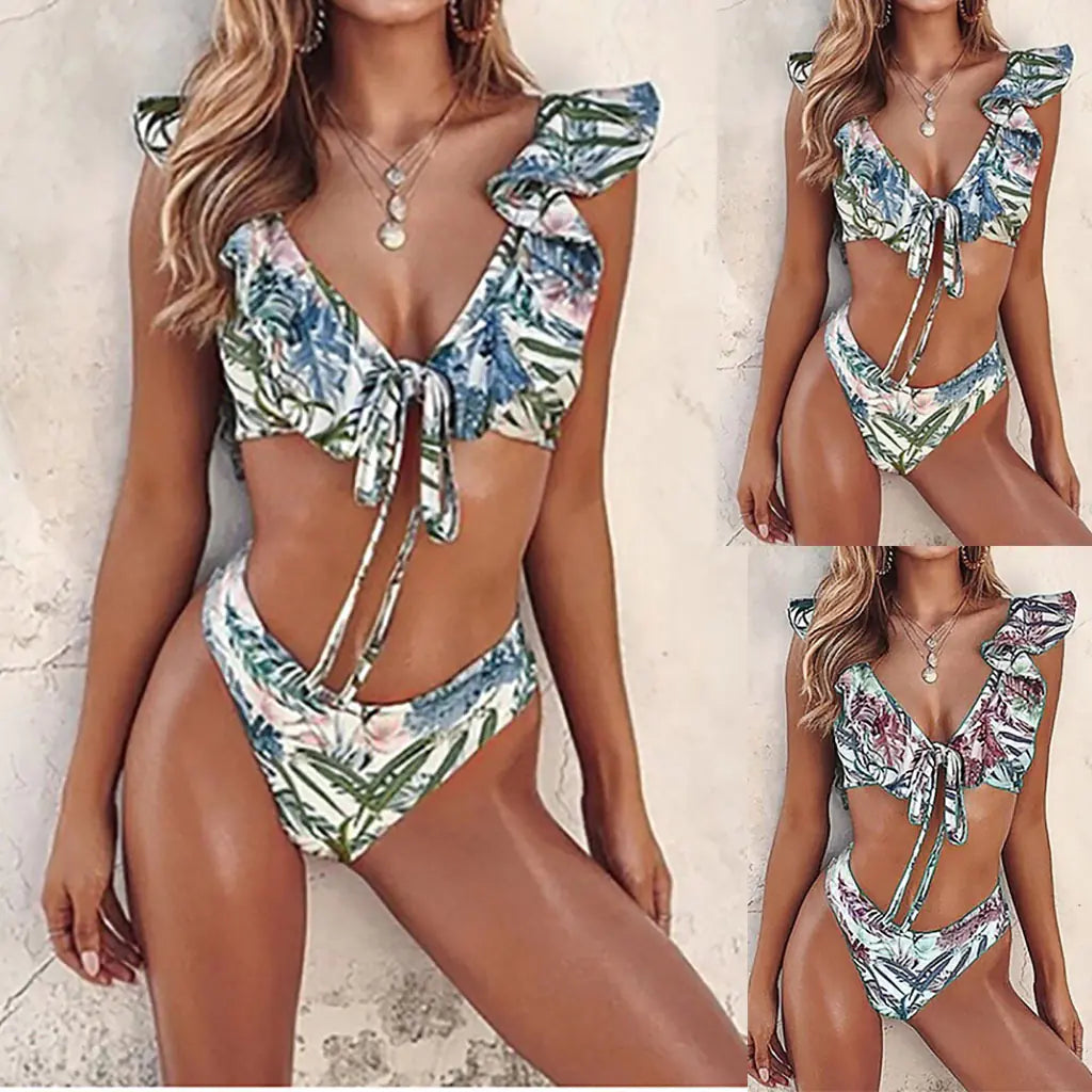 Leaf Print Bikini Set - Sexy Backless Swimwear