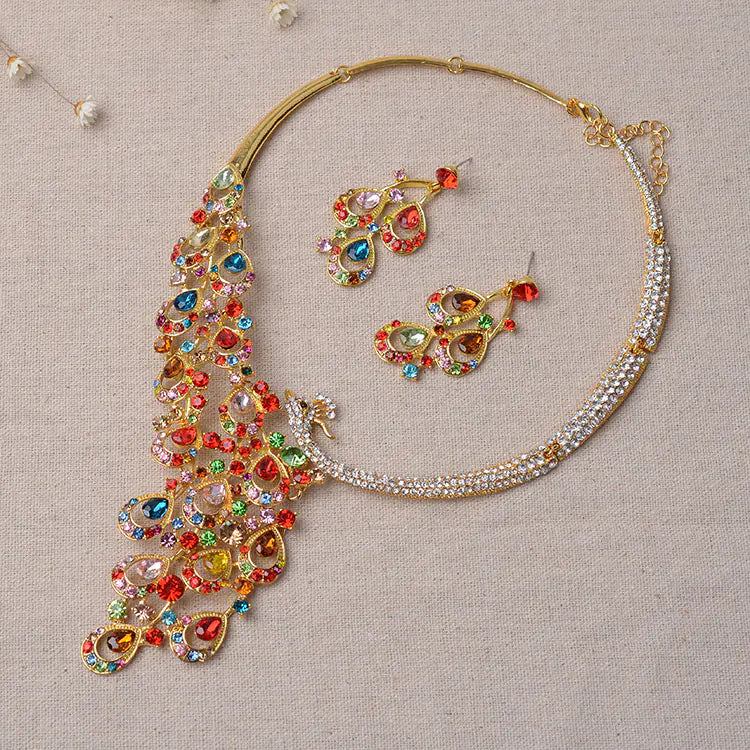 Brautschmuck-Set mit Pfau-Strass-Halskette und Ohrringen