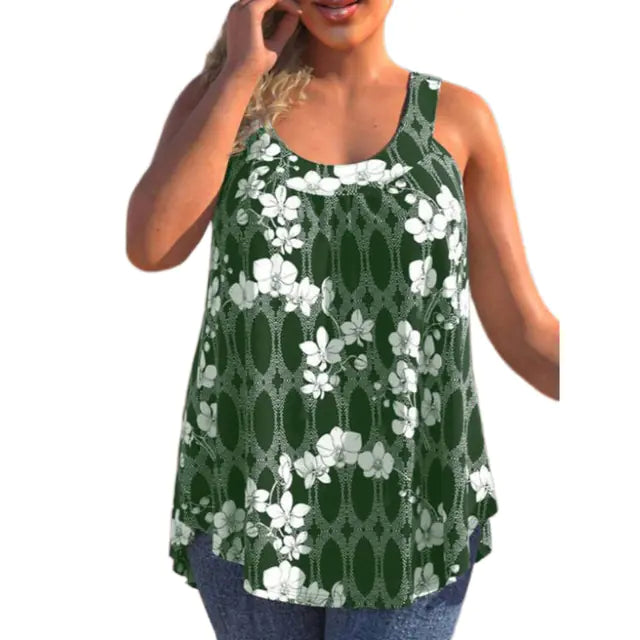 Casual Loose Floral Print Round Neck Sleeveless T-shirt - Trendy Attic Store01