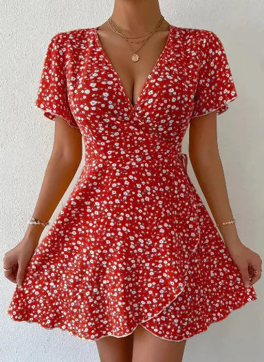 Sommerliches bedrucktes V-Ausschnitt-Kleid – Neuer Kurzarm-Stil
