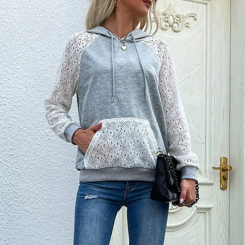 Sudadera con capucha y panel de encaje para mujer