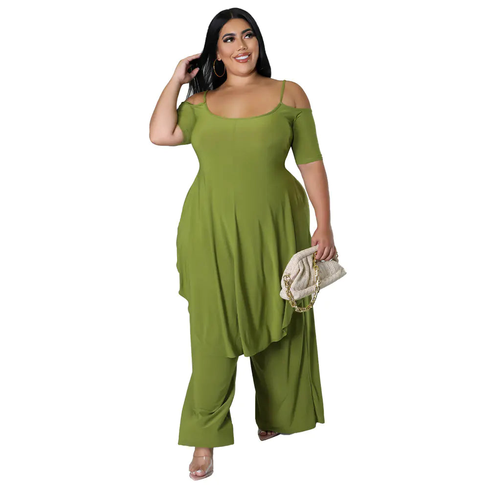 Plus Size Cold Shoulder Top & Wide Leg Pants Set - Trendy Attic Store01