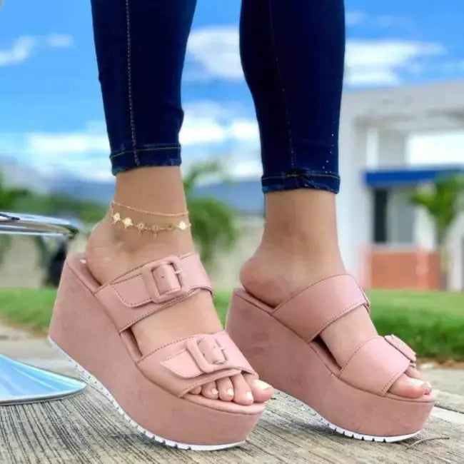 Wedge Heel Platform Slippers with Belt Buckle - Trendy Attic Store01