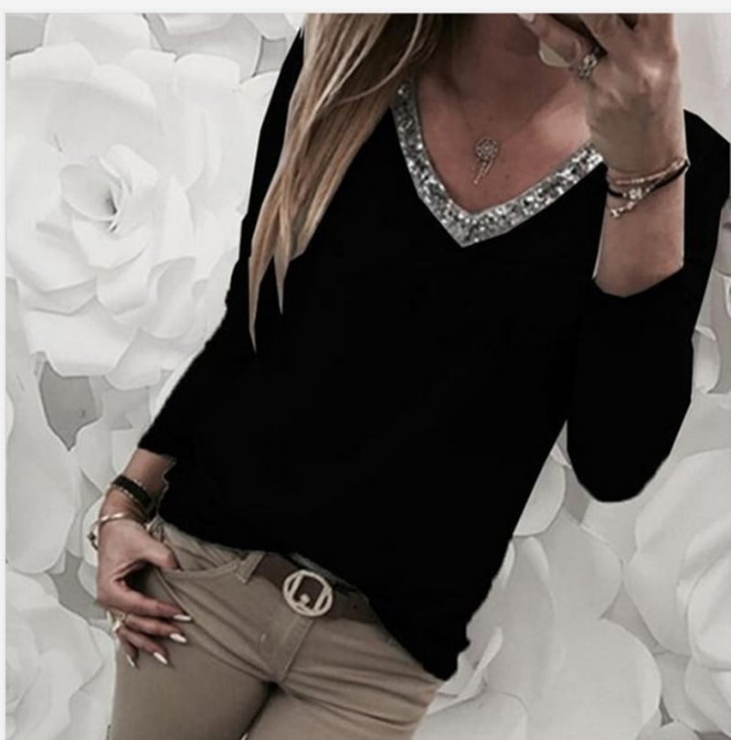 Plus Size Women's Sequin Long Sleeve V Neck T-shirt