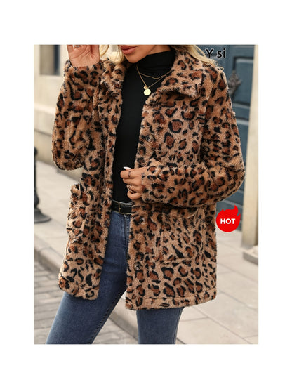 Plus Size Women's Leopard Print Faux Fur Coat