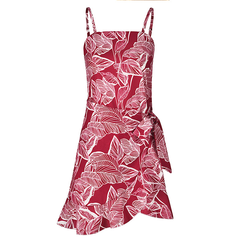 Leaf Print Cami Chiffon Dress - Irregular Short Skirt