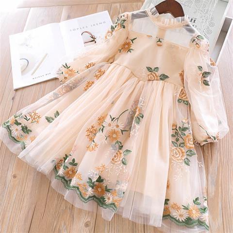 Girl's Long-sleeved Lace Flower Embroidered Dress