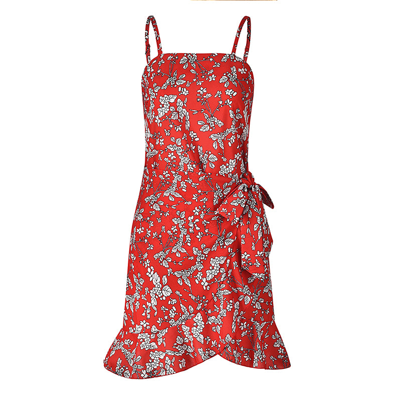 Leaf Print Cami Chiffon Dress - Irregular Short Skirt