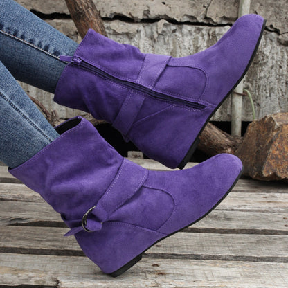 Ankle Boots  Round Toe Buckle Belt Side Zipper Boots