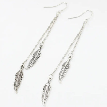 Trendy Leaf Earrings with Tassel Chain and Feathers