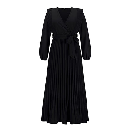 Autumn Winter Women's V-Neck Pleated Dress