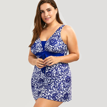Floral Print Backless Swimsuit with Bow and Skirt Plus Size