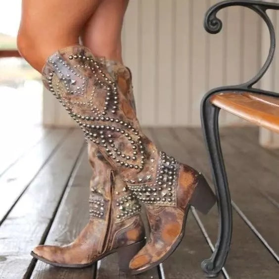 Women's Studded Knee-High Boots with Chunky Heels