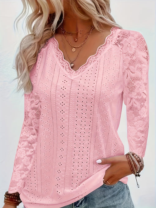Chic Contrast Lace V-neck Eyelet T-Shirt