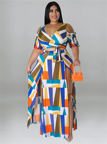 Plus Size Dress Sets Two Piece V Neck Printed Crop Top Big Swing Skirts