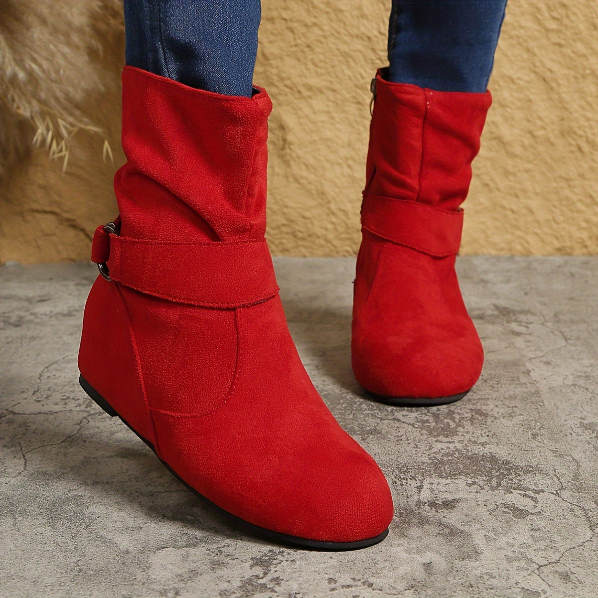 Ankle Boots  Round Toe Buckle Belt Side Zipper Boots