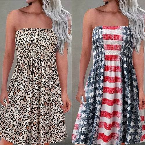 One Line Collar Printed Casual Dress for Vacation