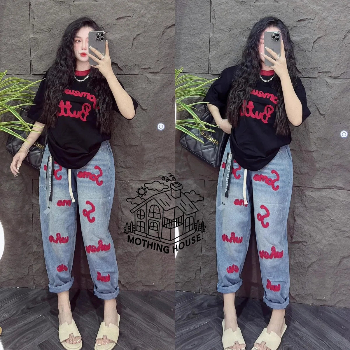 New Letter Printing Short-sleeved Milk Silk Wide-leg Pants Two-piece Set