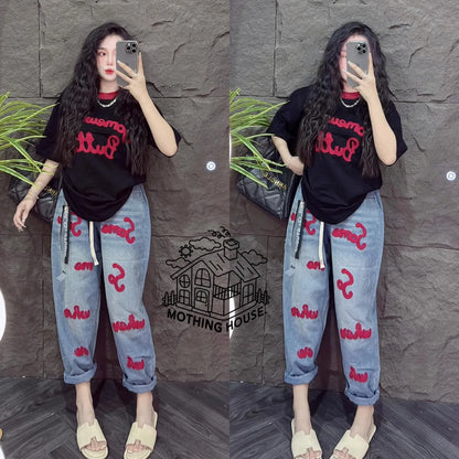 New Letter Printing Short-sleeved Milk Silk Wide-leg Pants Two-piece Set