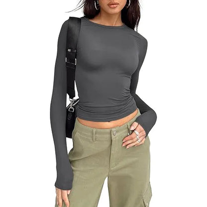 Women T-shirt Long Sleeve Crew Neck Solid Slim Fit Tee  Crop Top