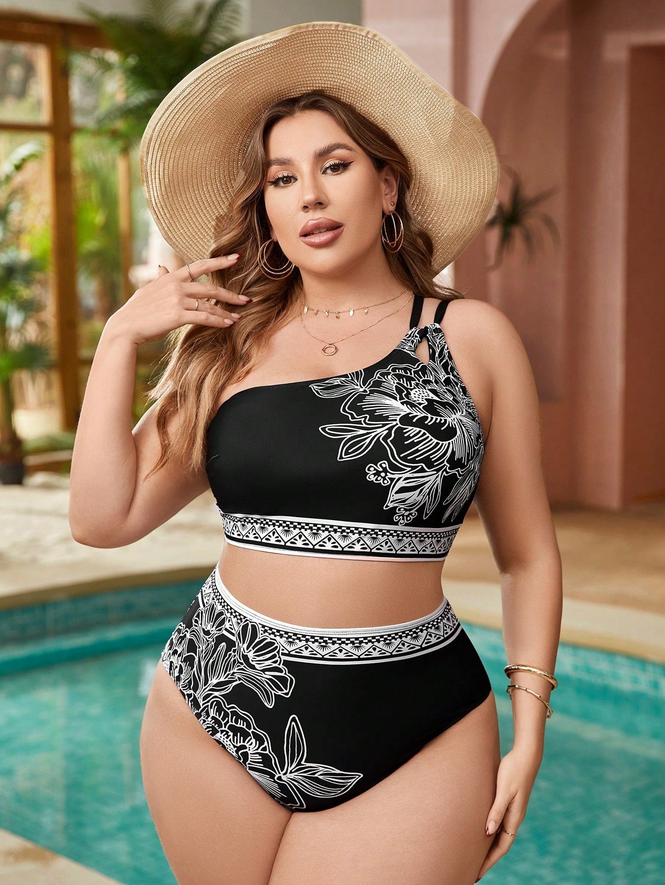 Plus Size One Shoulder Printed Bikini Set
