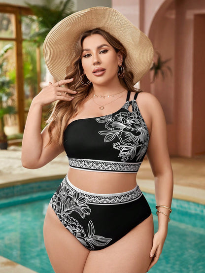 Plus Size One Shoulder Printed Bikini Set